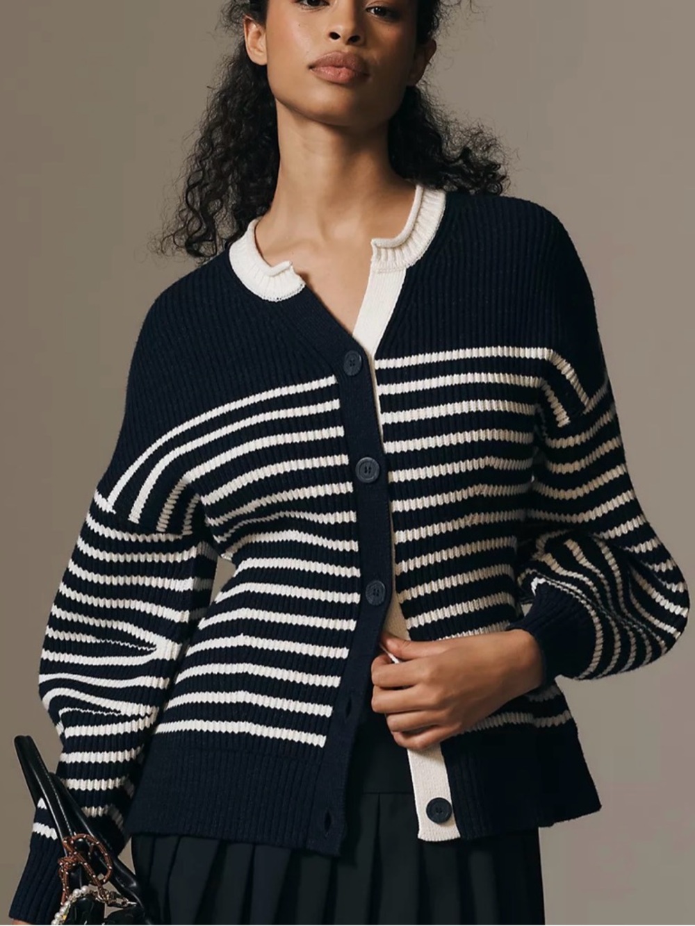 Maeve Anthropologie Puff Sleeve Navy Stripe Cardigan Sweater Size S NWT